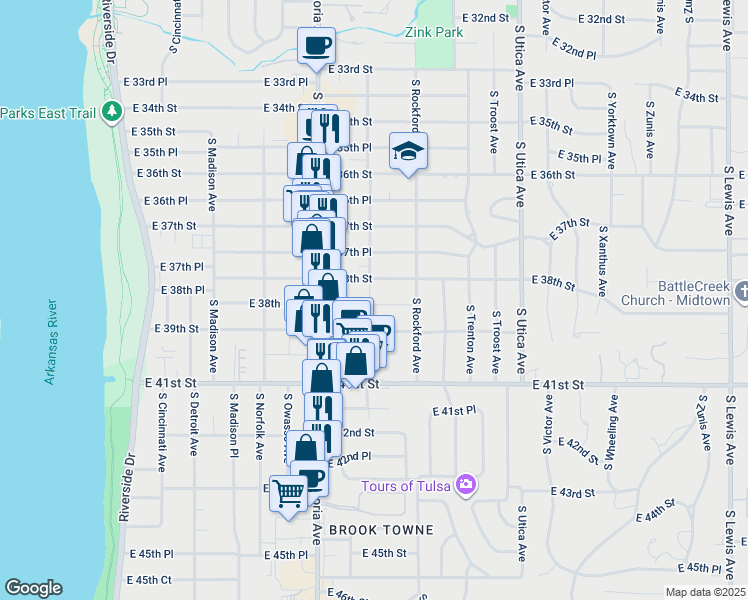 map of restaurants, bars, coffee shops, grocery stores, and more near 1408 East 38th Street in Tulsa