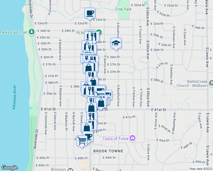 map of restaurants, bars, coffee shops, grocery stores, and more near 1408 East 38th Street in Tulsa