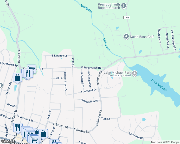 map of restaurants, bars, coffee shops, grocery stores, and more near 108 Overland Court in Mebane