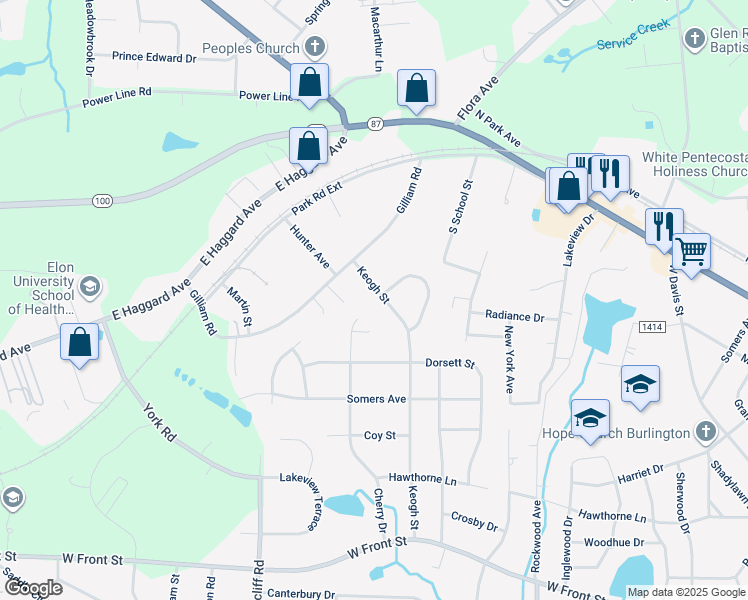 map of restaurants, bars, coffee shops, grocery stores, and more near 1826 Keogh Street in Burlington