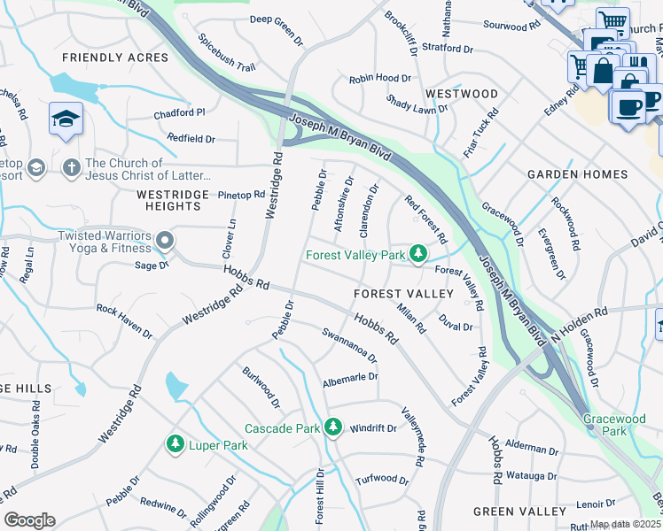 map of restaurants, bars, coffee shops, grocery stores, and more near 1908 Milan Road in Greensboro