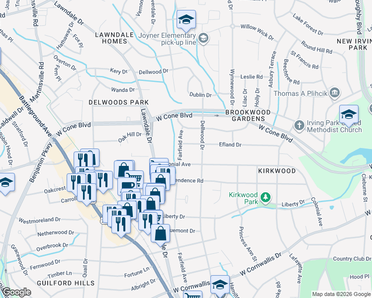 map of restaurants, bars, coffee shops, grocery stores, and more near 1912 Colonial Avenue in Greensboro