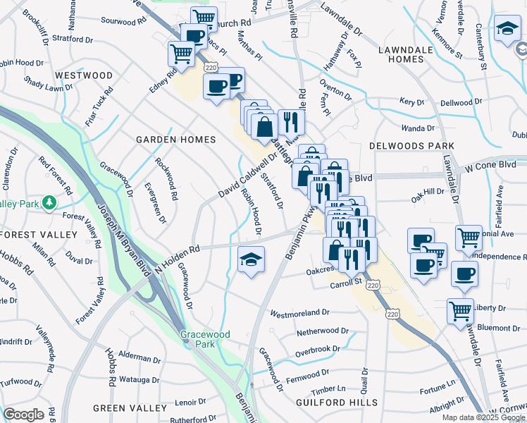 map of restaurants, bars, coffee shops, grocery stores, and more near 2606 Robin Hood Drive in Greensboro