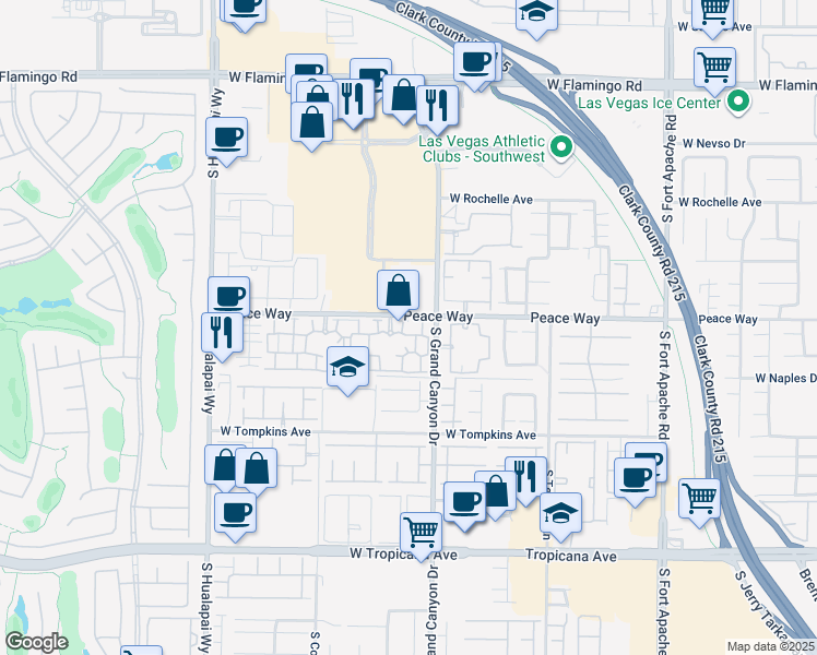 map of restaurants, bars, coffee shops, grocery stores, and more near 9975 Peace Way in Las Vegas