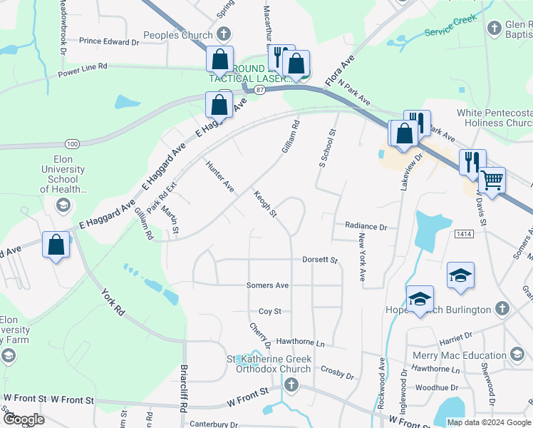 map of restaurants, bars, coffee shops, grocery stores, and more near 1826 Keogh Street in Burlington