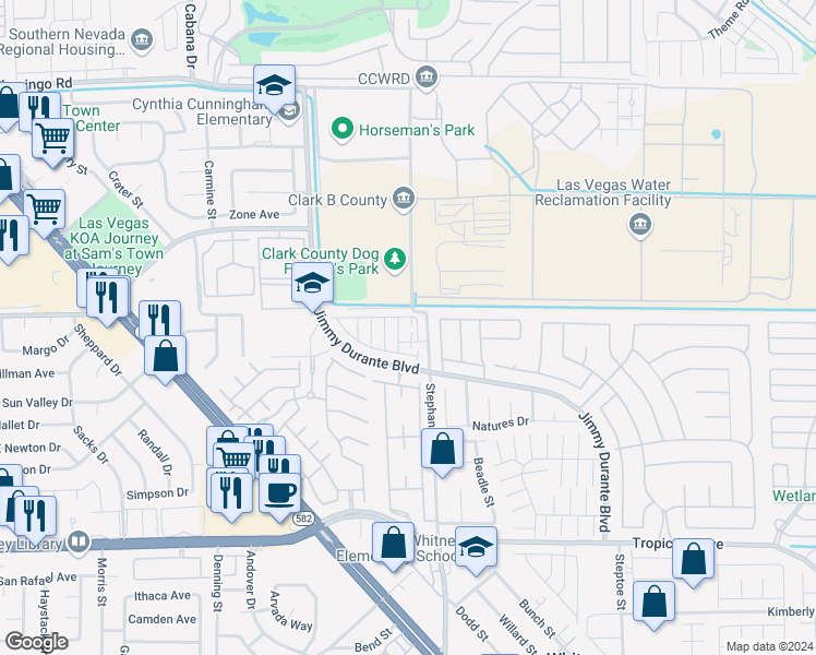 map of restaurants, bars, coffee shops, grocery stores, and more near 5785 East Park City Avenue in Las Vegas