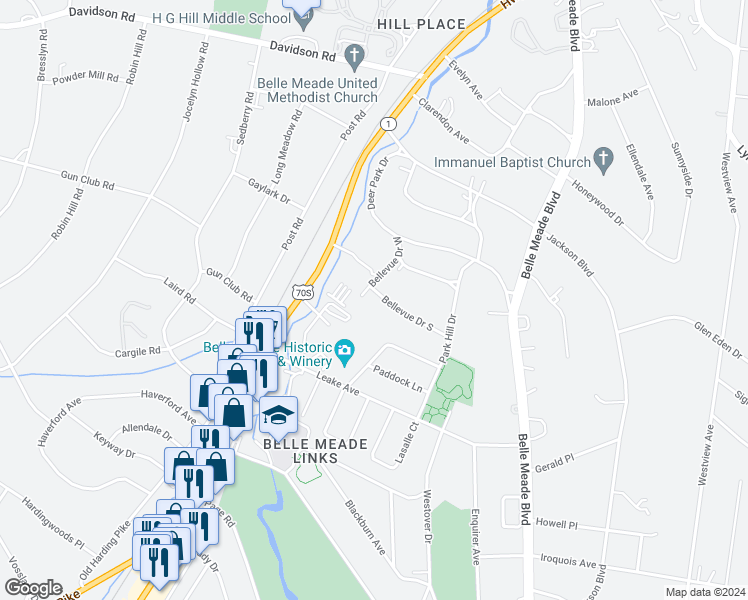 map of restaurants, bars, coffee shops, grocery stores, and more near 101 Bellevue Drive South in Nashville