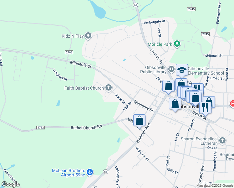 map of restaurants, bars, coffee shops, grocery stores, and more near 628 Slade Street in Gibsonville
