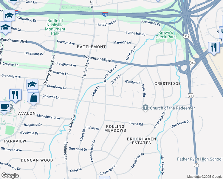 map of restaurants, bars, coffee shops, grocery stores, and more near 3617 Wilbur Place in Nashville