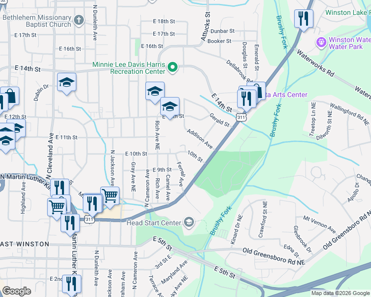 map of restaurants, bars, coffee shops, grocery stores, and more near 2170 East 10th Street in Winston-Salem