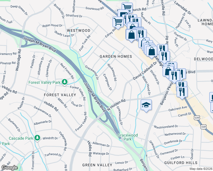 map of restaurants, bars, coffee shops, grocery stores, and more near 2703 Rockwood Road in Greensboro