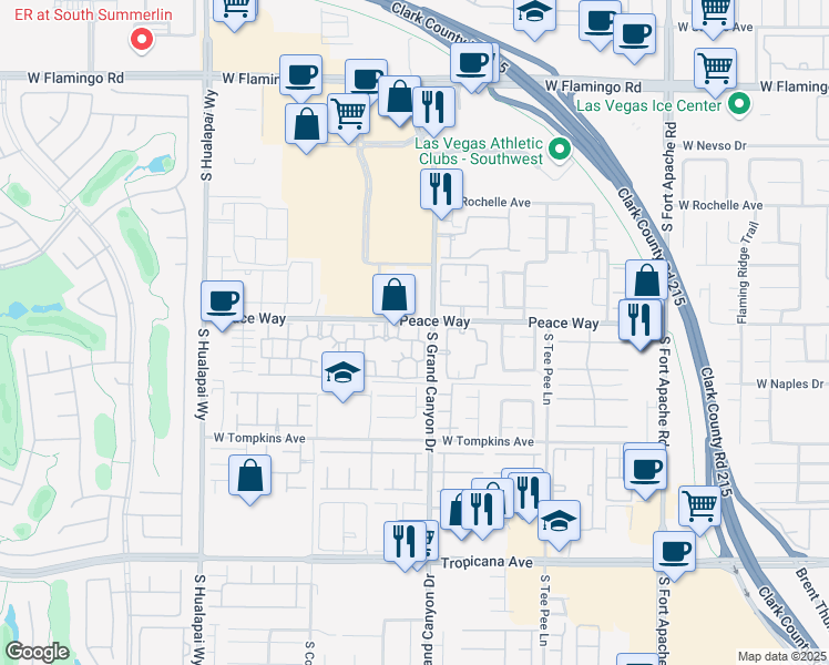 map of restaurants, bars, coffee shops, grocery stores, and more near 9975 Peace Way in Las Vegas