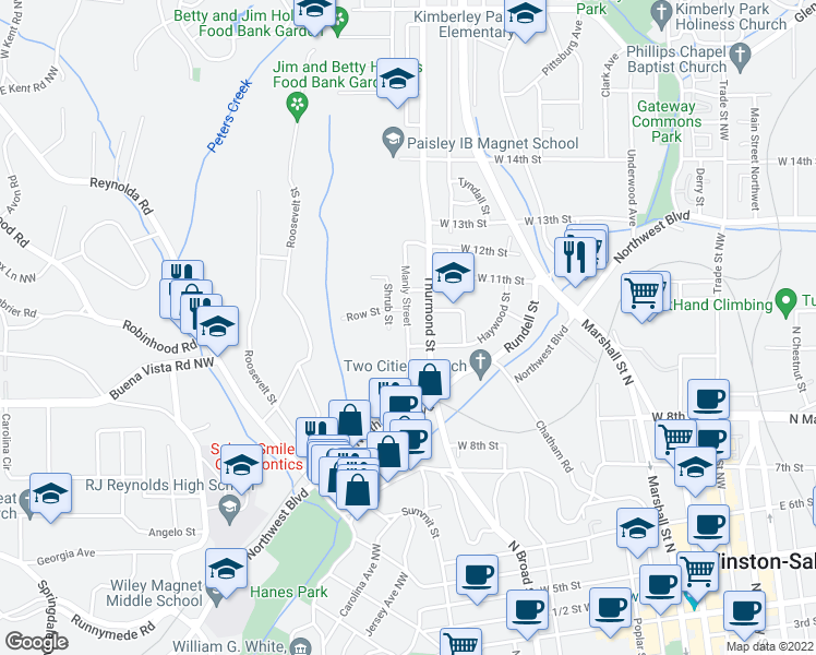 map of restaurants, bars, coffee shops, grocery stores, and more near 1019 Manly Street in Winston-Salem