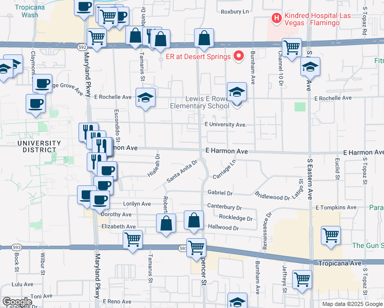 map of restaurants, bars, coffee shops, grocery stores, and more near 1773 East Harmon Avenue in Las Vegas