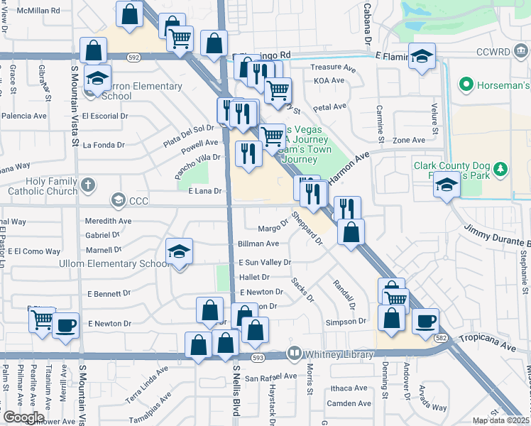 map of restaurants, bars, coffee shops, grocery stores, and more near 4520 Harmon Circle in Las Vegas