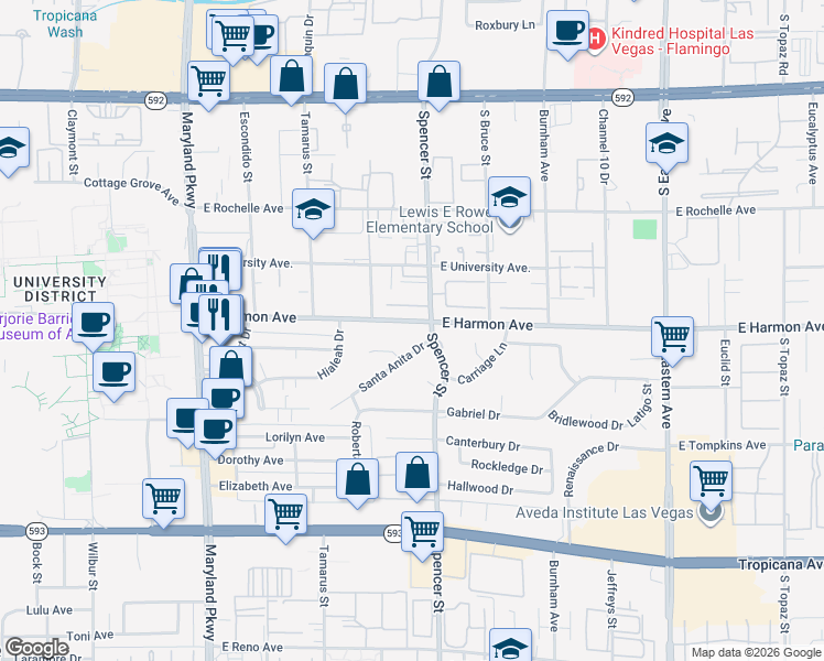 map of restaurants, bars, coffee shops, grocery stores, and more near 1773 East Harmon Avenue in Las Vegas