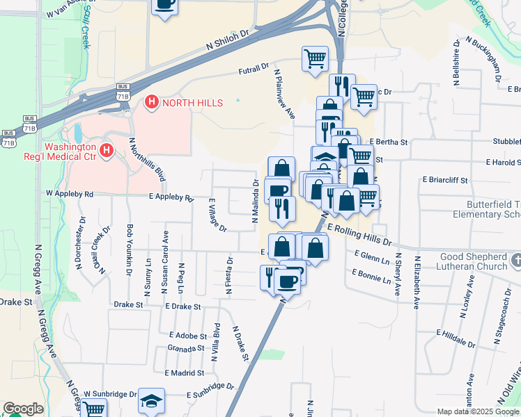 map of restaurants, bars, coffee shops, grocery stores, and more near 3038 North Malinda Drive in Fayetteville