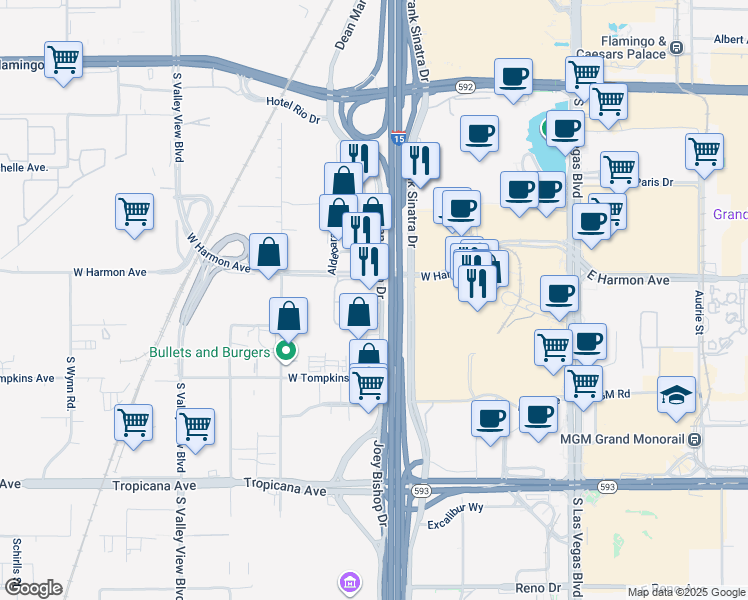 map of restaurants, bars, coffee shops, grocery stores, and more near 3801 Dean Martin Drive in Las Vegas