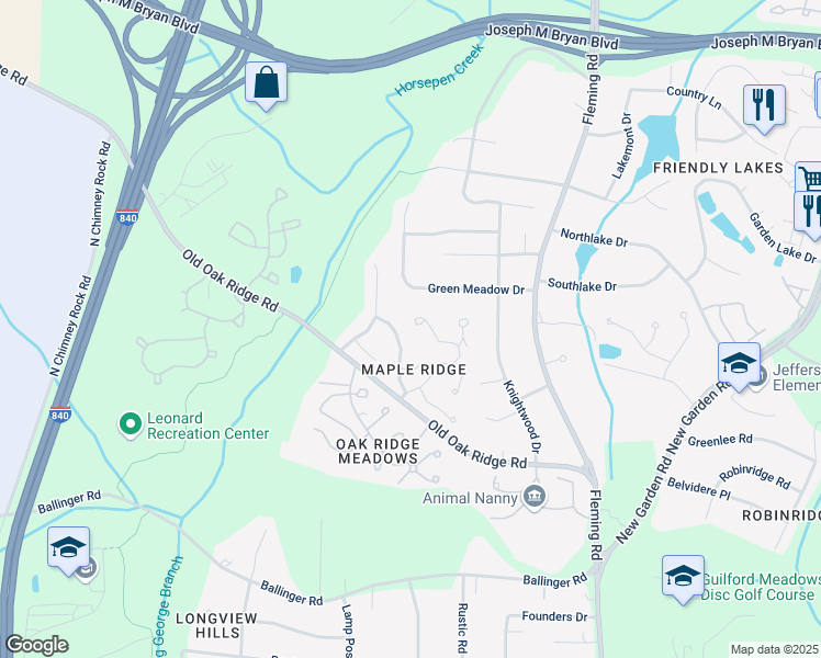 map of restaurants, bars, coffee shops, grocery stores, and more near 1439 Grantland Place in Greensboro