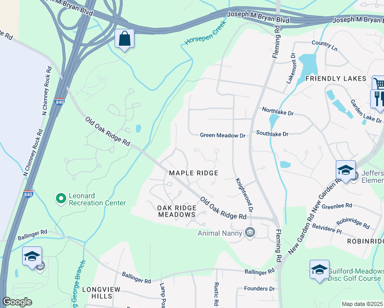 map of restaurants, bars, coffee shops, grocery stores, and more near 1439 Grantland Place in Greensboro