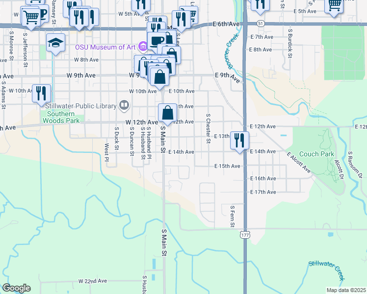 map of restaurants, bars, coffee shops, grocery stores, and more near 151-199 E 13th Ave in Stillwater