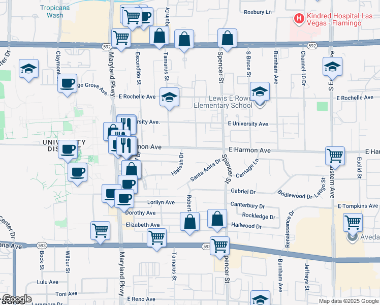 map of restaurants, bars, coffee shops, grocery stores, and more near 1550 East Harmon Avenue in Las Vegas