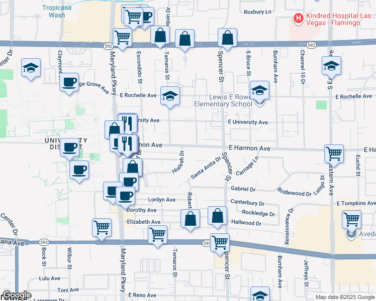 map of restaurants, bars, coffee shops, grocery stores, and more near 1550 East Harmon Avenue in Las Vegas