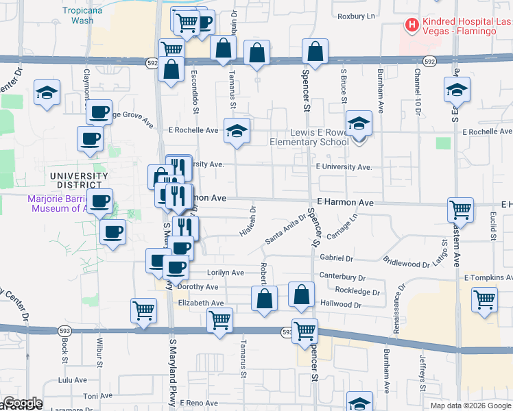 map of restaurants, bars, coffee shops, grocery stores, and more near 1550 East Harmon Avenue in Las Vegas