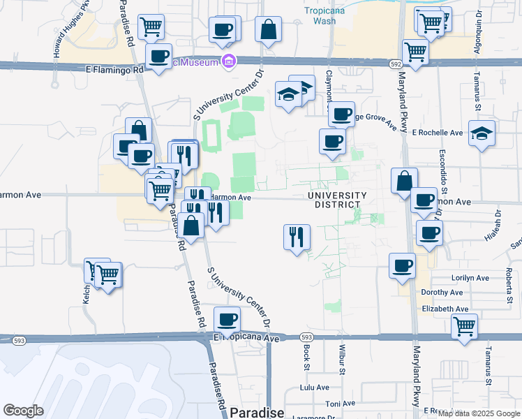 map of restaurants, bars, coffee shops, grocery stores, and more near East Harmon Avenue in Las Vegas