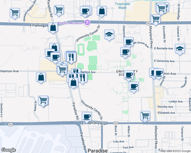 map of restaurants, bars, coffee shops, grocery stores, and more near 771 East Harmon Avenue in Las Vegas