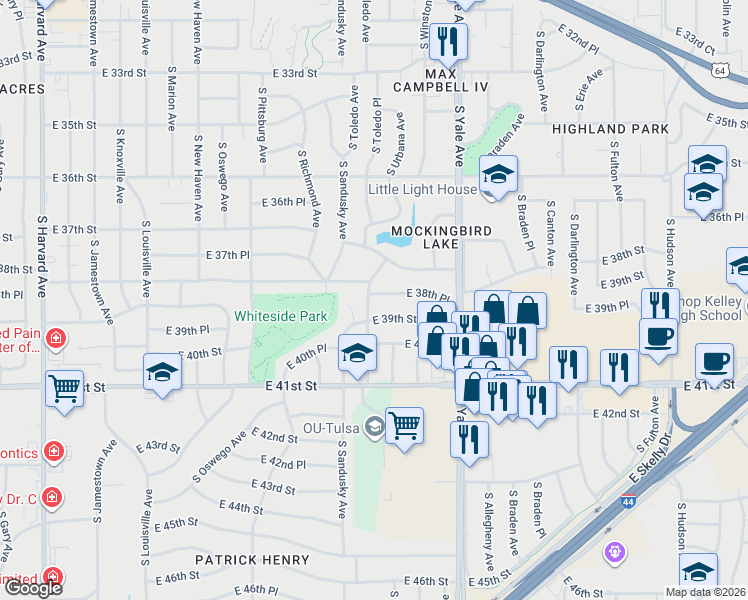 map of restaurants, bars, coffee shops, grocery stores, and more near 4445 East 38th Street in Tulsa