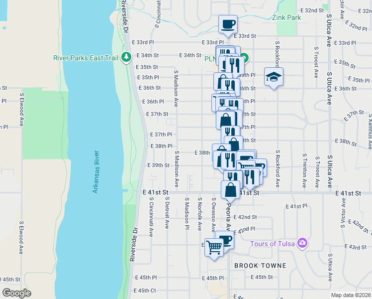 map of restaurants, bars, coffee shops, grocery stores, and more near 1027 East 38th Street in Tulsa