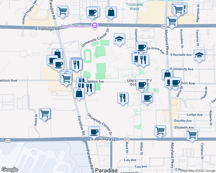 map of restaurants, bars, coffee shops, grocery stores, and more near East Harmon Avenue in Las Vegas