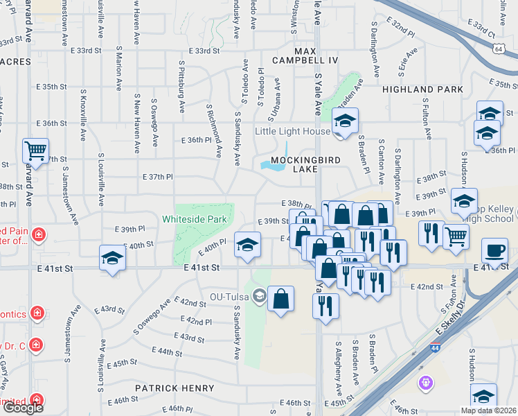 map of restaurants, bars, coffee shops, grocery stores, and more near 4445 East 38th Street in Tulsa