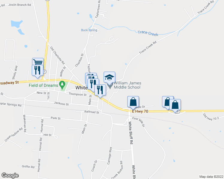 map of restaurants, bars, coffee shops, grocery stores, and more near 3030 Trace Creek Road in White Bluff