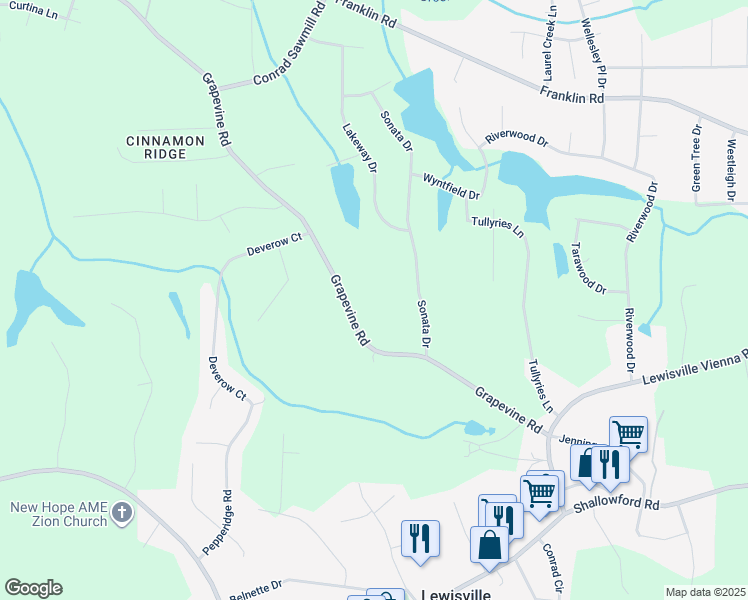 map of restaurants, bars, coffee shops, grocery stores, and more near 7643 Grapevine Road in Lewisville
