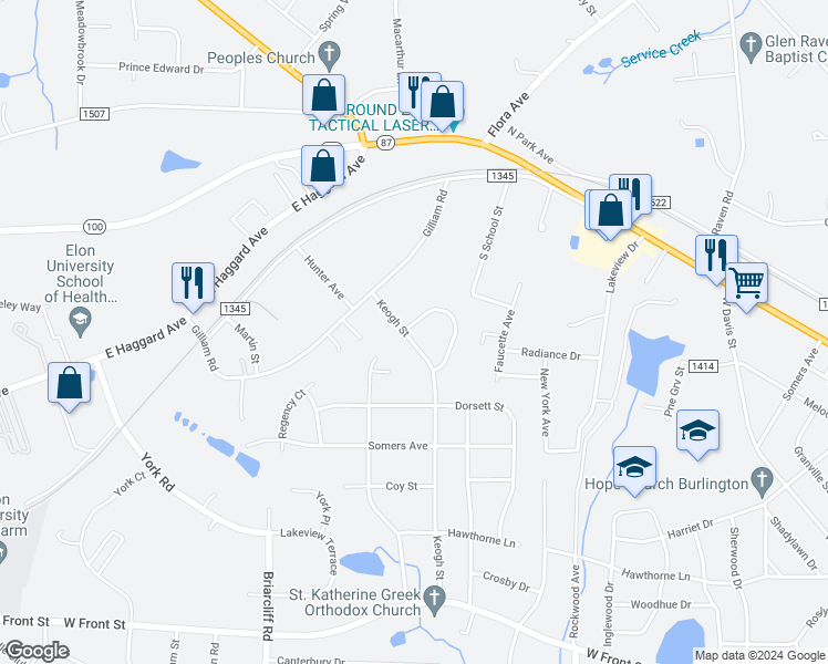 map of restaurants, bars, coffee shops, grocery stores, and more near 2062 Fox Run Road in Burlington