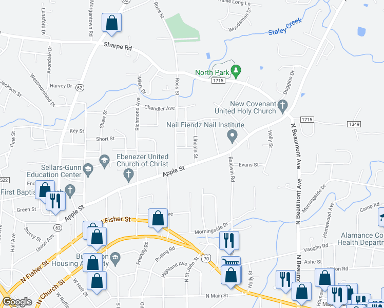 map of restaurants, bars, coffee shops, grocery stores, and more near 510 Lincoln Street in Burlington