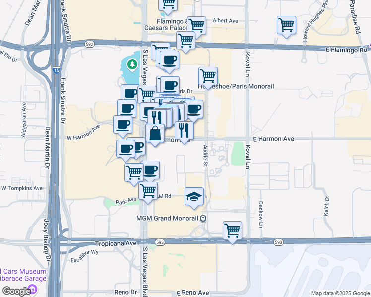 map of restaurants, bars, coffee shops, grocery stores, and more near 75 East Harmon Avenue in Las Vegas