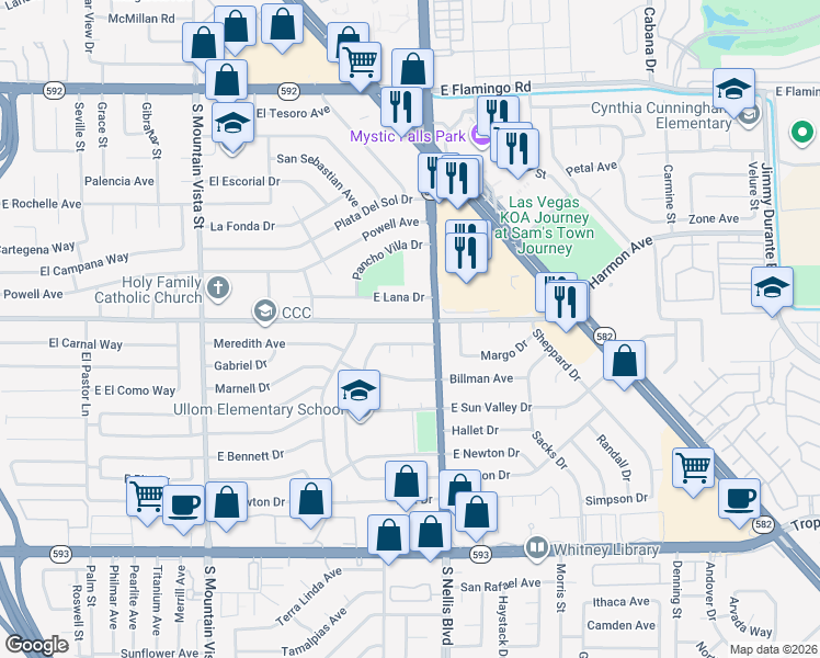 map of restaurants, bars, coffee shops, grocery stores, and more near 4949 East Harmon Avenue in Las Vegas