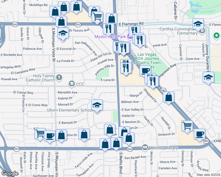 map of restaurants, bars, coffee shops, grocery stores, and more near 4949 East Harmon Avenue in Las Vegas