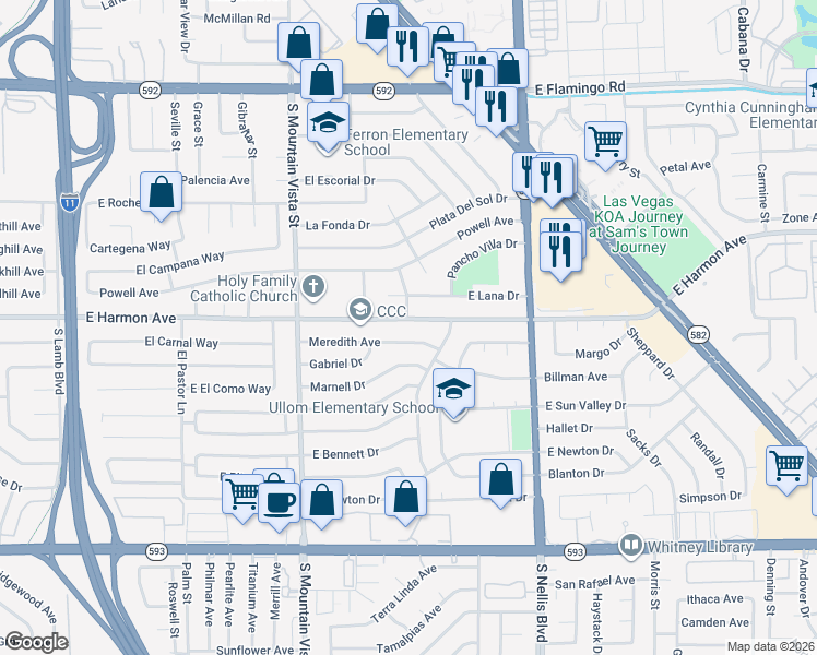 map of restaurants, bars, coffee shops, grocery stores, and more near 4793 East Harmon Avenue in Las Vegas