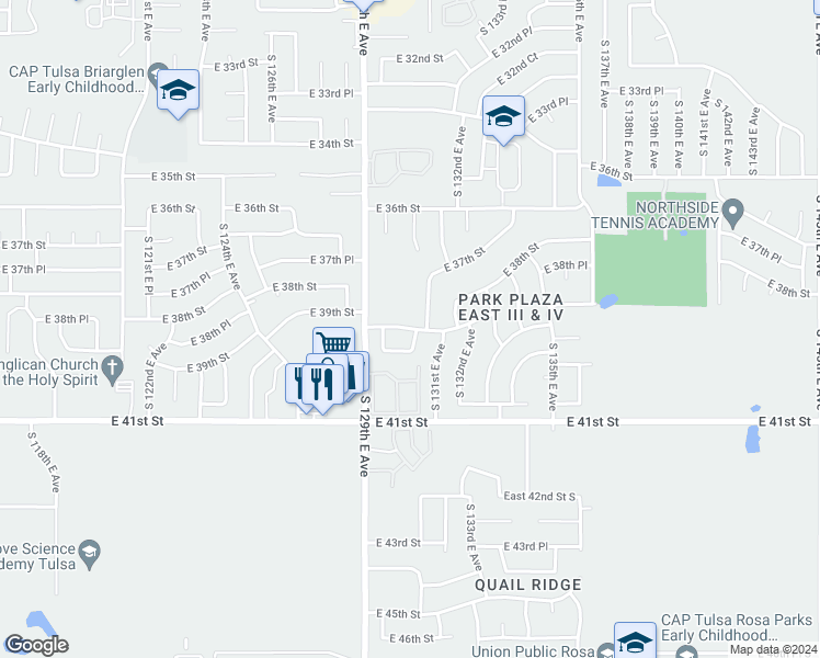 map of restaurants, bars, coffee shops, grocery stores, and more near 13026 East 39th Street in Tulsa