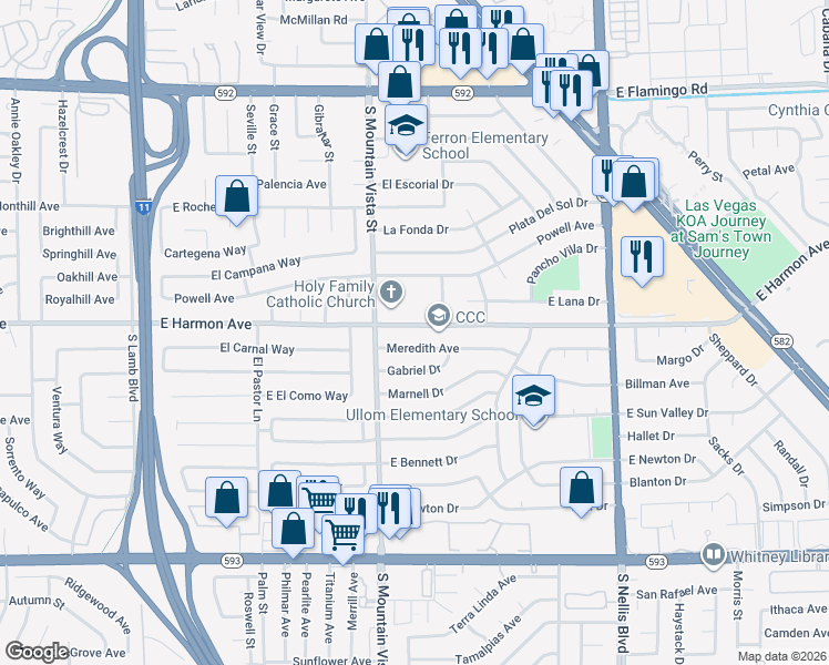 map of restaurants, bars, coffee shops, grocery stores, and more near 4490 South Mountain Vista Street in Las Vegas