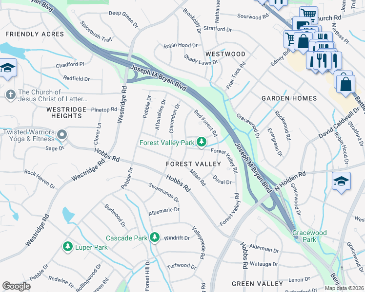 map of restaurants, bars, coffee shops, grocery stores, and more near 1702 Clarendon Drive in Greensboro