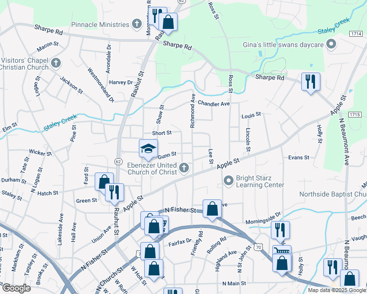 map of restaurants, bars, coffee shops, grocery stores, and more near 724 Richmond Avenue in Burlington