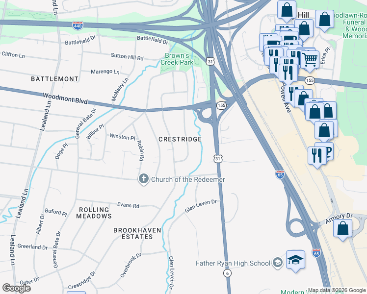 map of restaurants, bars, coffee shops, grocery stores, and more near 3528 Crestridge Drive in Nashville