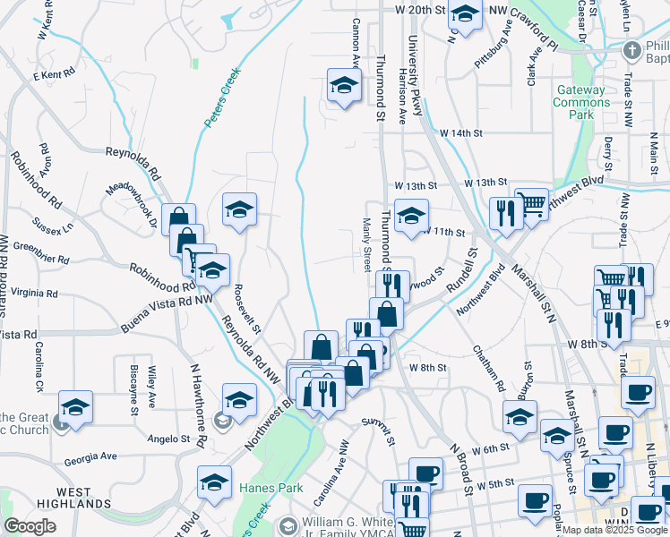 map of restaurants, bars, coffee shops, grocery stores, and more near 2012 Row Street in Winston-Salem