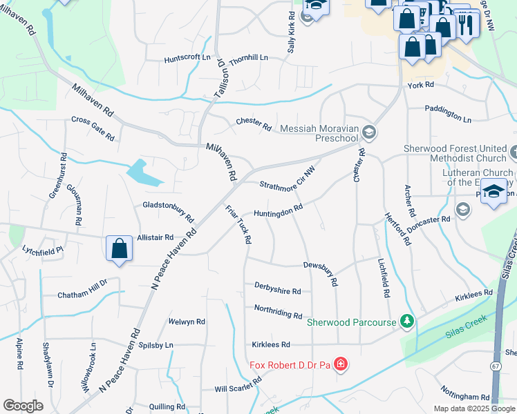 map of restaurants, bars, coffee shops, grocery stores, and more near 1132 Huntingdon Road in Winston-Salem