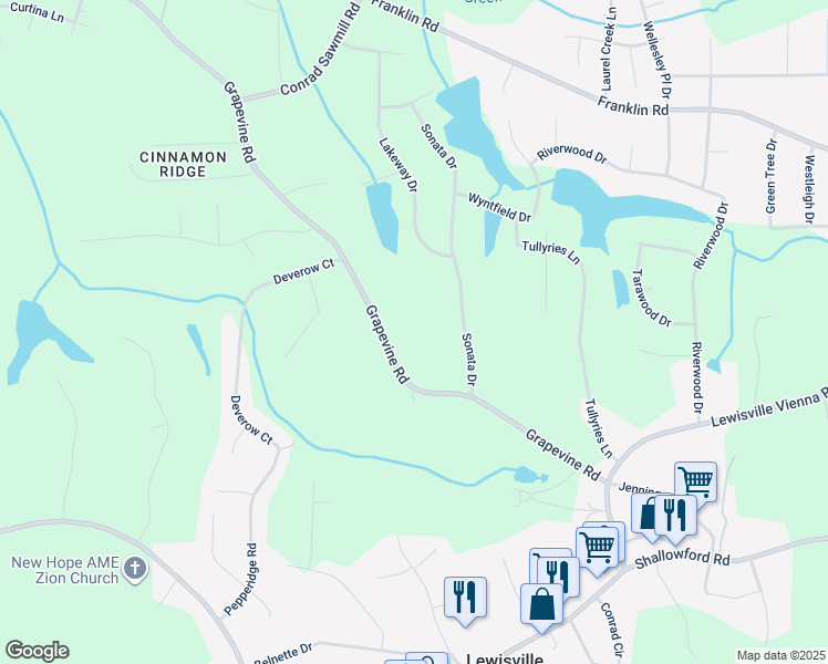 map of restaurants, bars, coffee shops, grocery stores, and more near 7643 Grapevine Road in Lewisville